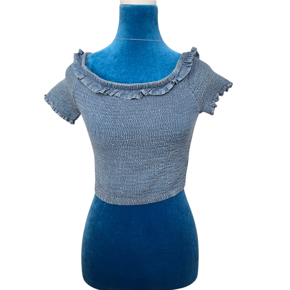 Nwot Active Usa Blue Tercel Chambray Smoke Off Shoulder Cropped Top Size L